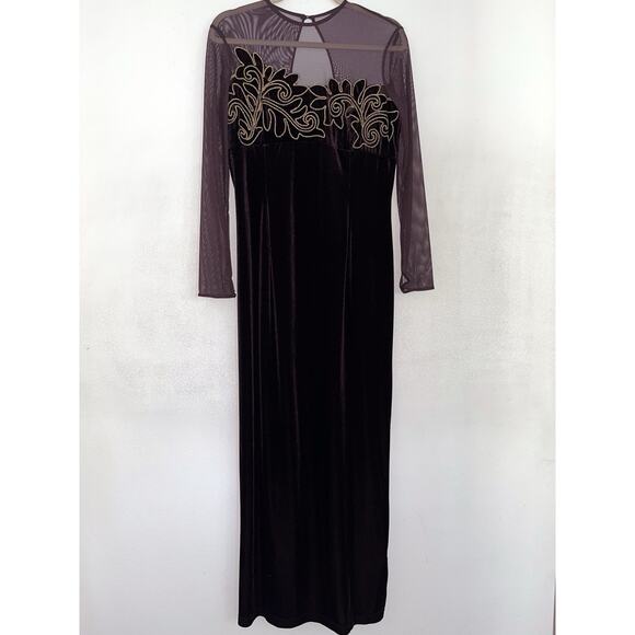 Scott McClintock Vintage Formal Maxi Dress Sz 12 Brown Velvet Mesh Sleeves - Picture 1 of 11